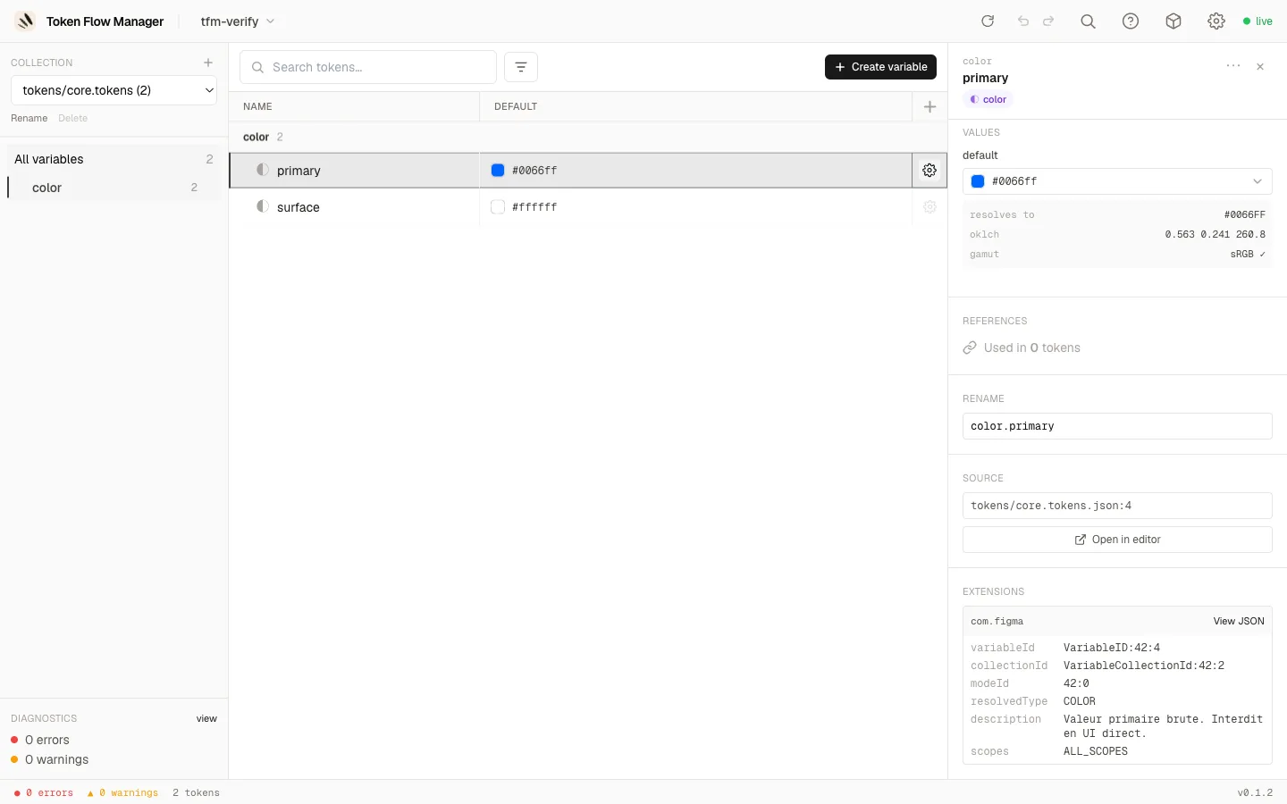 Token detail panel showing the com.figma extensions