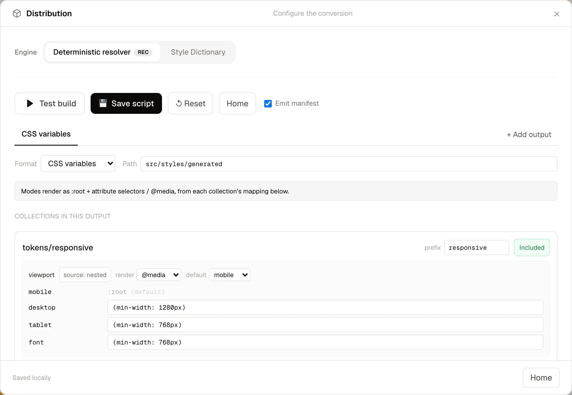 Distribution editor, Outputs tab with collections and mode mapping