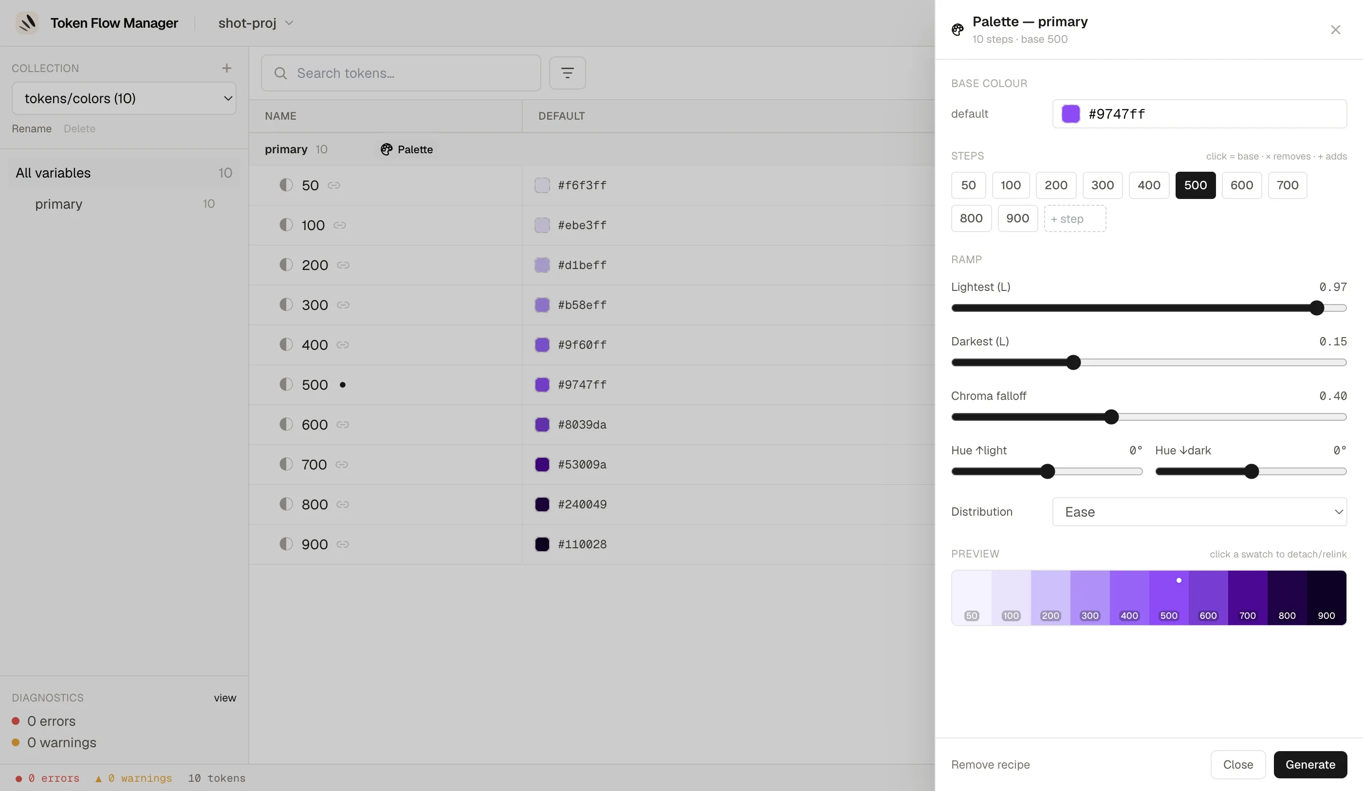Palette shading editor open on a colour group