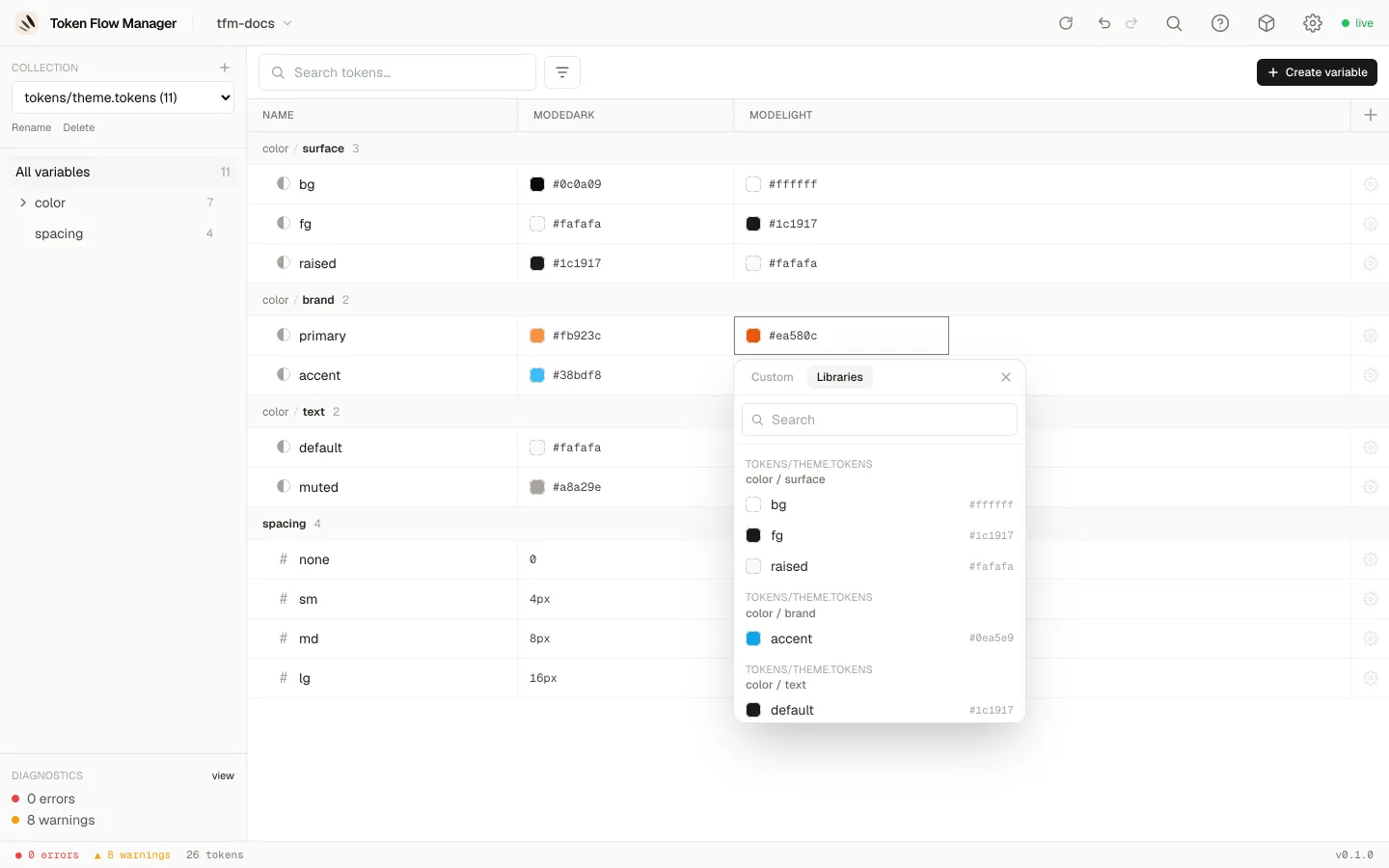 Colour picker, Libraries tab