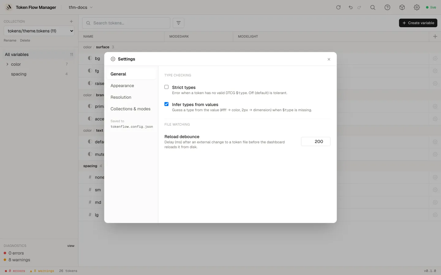 Settings, General tab